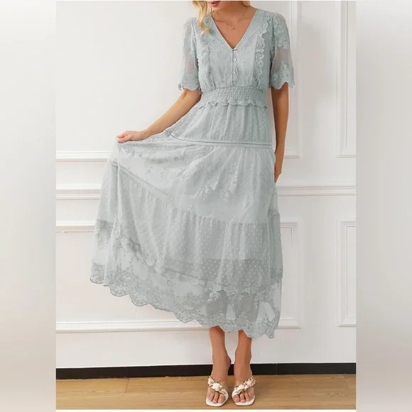 Happy sailed GRAY Maxi Dress with Lace Ruffle | Bohemian - NWOT Size Large - Picture 3 of 10